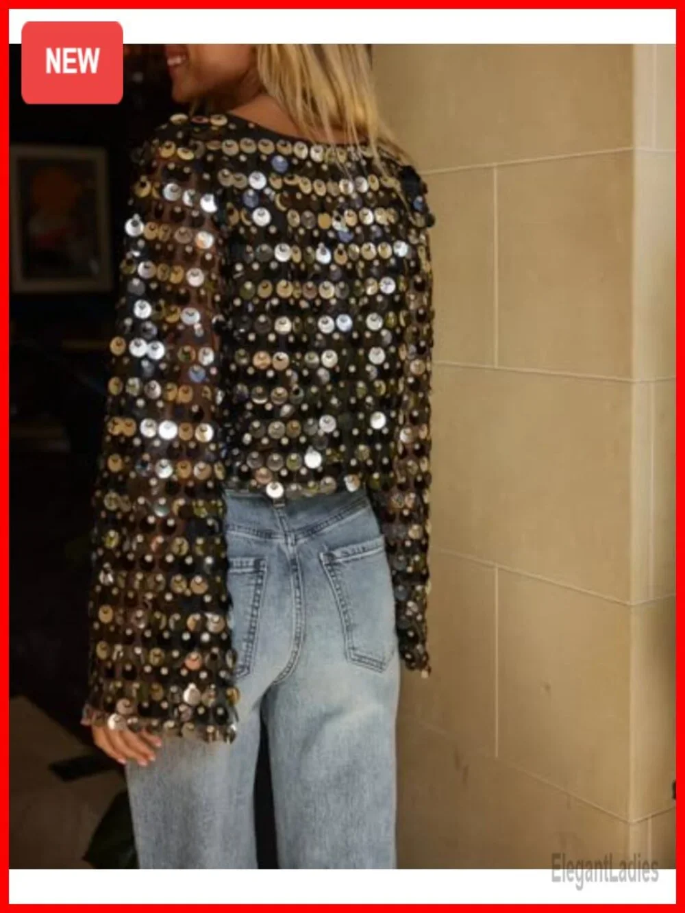 Y2K Sequin Long Sleeve Mesh Bell Sleeve Crop Top Blouse